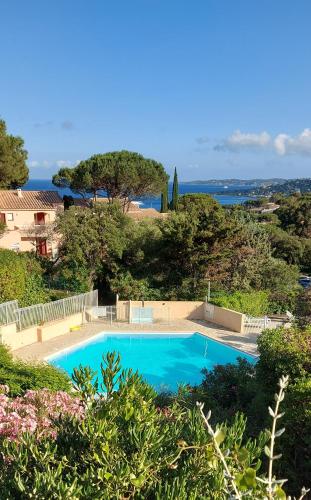 - une piscine bleue avec vue sur l'océan dans l'établissement Vue mer exceptionnelle, à Sainte-Maxime