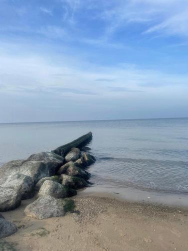 a group of rocks laying on the beach at Enjoy Nature And Water In Rågeleje Near Vejby in Vejby