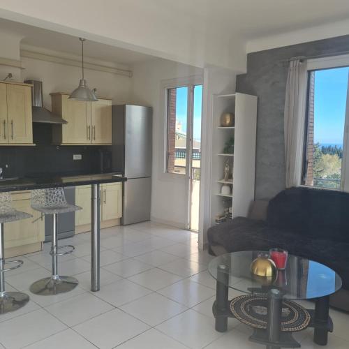 une cuisine et un salon avec un canapé et une table dans l'établissement Beautiful 3-room apartment sea view, à Nice
