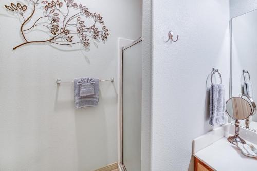 a bathroom with a shower and a sink and a mirror at Pool and Lake Access Cozy Nest in Branson West in Branson West