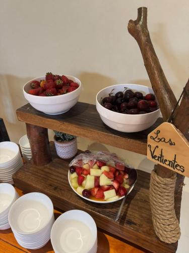 two shelves with bowls of fruit and a plate of food at Hotel Naturaleza Vertientes de Elqui in El Molle