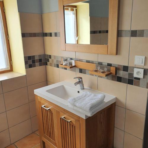 une salle de bain avec un lavabo et un miroir dans l'établissement Gîte de 9 personnes avec piscine, à Salviac