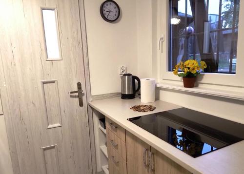 a kitchen with a sink and a window and a clock at Pod Lasem Kwatery Pracownicze in Gollnow