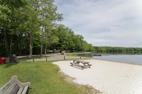 two benches sitting on the grass near a lake at Serene Escape At Big Bass Lake & Pool Access in Clifton