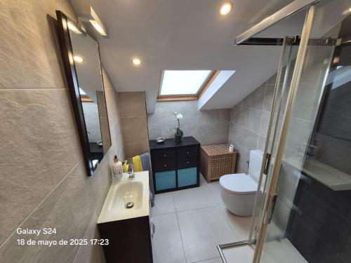 a bathroom with a toilet and a sink and a shower at Lar BCN in Pobra do Caramiñal