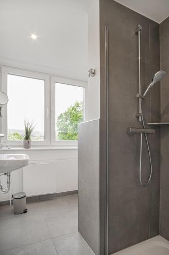 a bathroom with a shower and a sink at Ferienwohnung Deichblick Quartier Pellworm in Pellworm