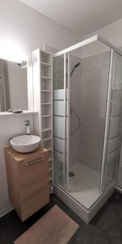 une salle de bain avec douche et lavabo dans l'établissement Appartement Les Aigues Marine, aux Lecques