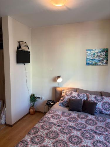 a living room with a bed and a television at Cozy studio in Sunny beach in Sunny Beach