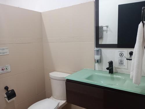 ein Badezimmer mit Toilette, Waschbecken und Spiegel in der Unterkunft Villas Akalan in Tulum