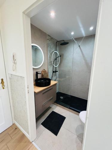 une salle de bain avec un lavabo et une douche dans l'établissement Sunny Loft Basel Airport Art Basel, à Saint-Louis