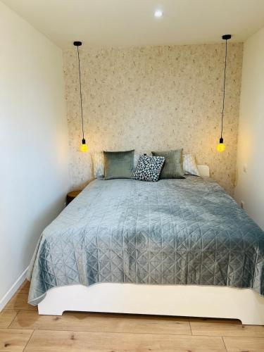 une chambre avec un lit avec une couette bleue dans l'établissement Sunny Loft Basel Airport Art Basel, à Saint-Louis