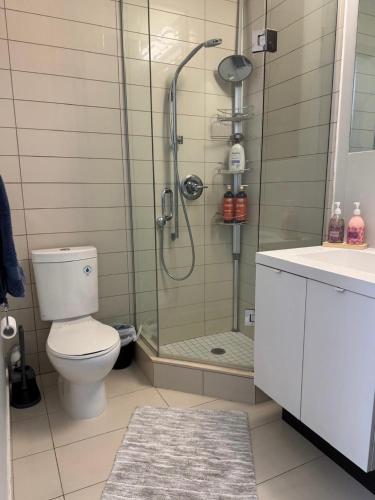 a bathroom with a shower and a toilet and a sink at Downtown Toronto Condo with CN Tower View in Toronto