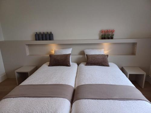 two beds in a room with two pillows at Vakantiehuis De Horizon in Reningelst