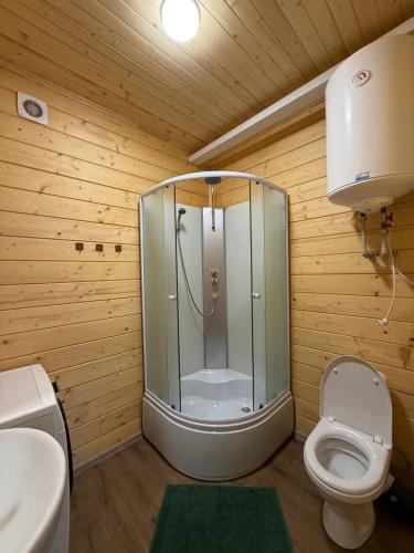 a bathroom with a shower with a toilet and a sink at Тиха Хвиля in Gribovka
