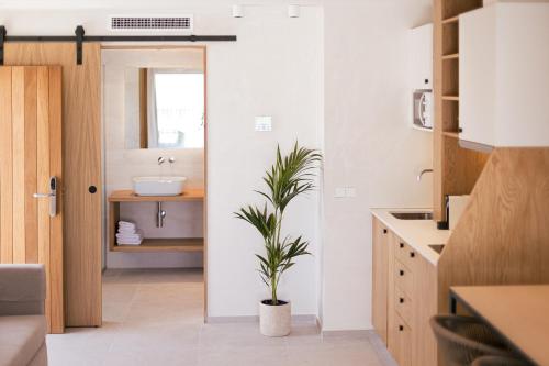 a bathroom with a sink and a potted plant at Malacosta Sky Suites - MC Apartments Ibiza in Ibiza Town
