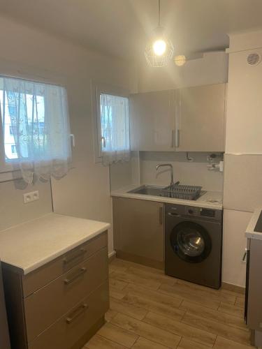 une cuisine avec un évier et une machine à laver dans l'établissement Sun appart, à Nice