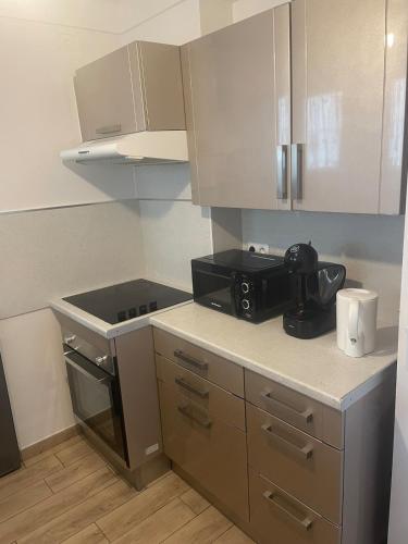 une petite cuisine avec une cuisinière et un micro-ondes dans l'établissement Sun appart, à Nice