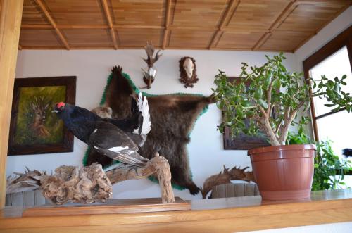 a statue of a bear and a bird on a shelf at Penzión Salaš Cabaj in Nitra