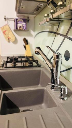 a kitchen sink with a faucet next to a stove at SHoliday Parter Clădire Nouă Spațiu Modern & Parcare Privată in Dumbrăviţa