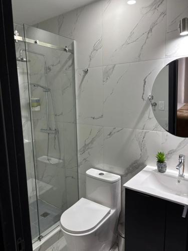 a bathroom with a shower and a toilet and a sink at Espectacular apartamento en Obarrio in Panama City