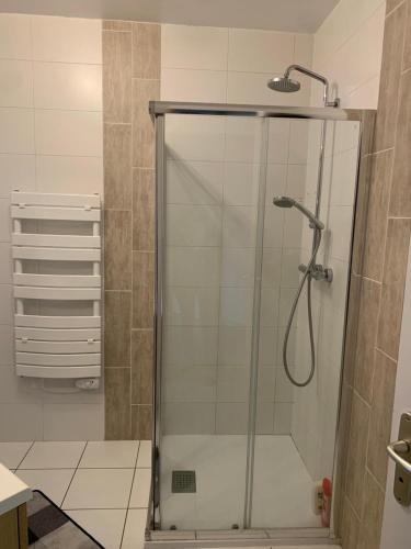 une douche avec une porte vitrée dans une salle de bain dans l'établissement Grande maison, calme et montagnes, à Crots