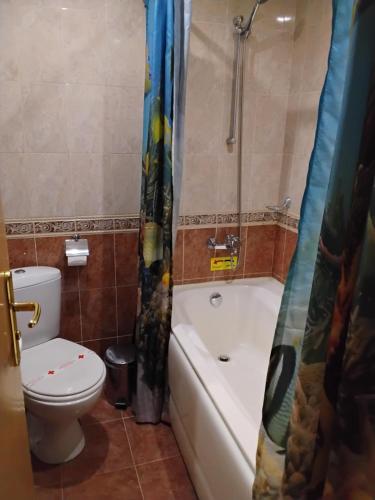 a bathroom with a toilet and a tub and a shower at Hotel Mehdjarel in Shumen