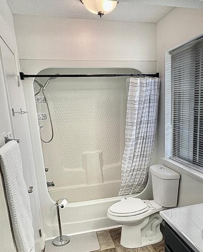 a white bathroom with a toilet and a shower at Big, Tidy, Cushy, & Activities in Madison