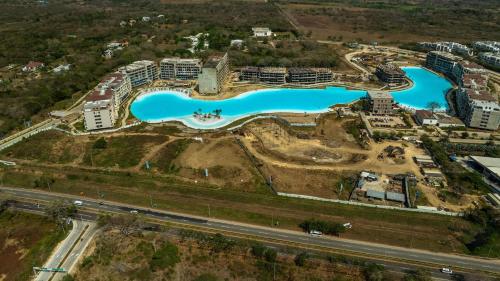 an aerial view of the construction of a water park at Baia Kristal in Cartagena de Indias