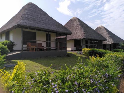 three cottages with thatched roofs in a garden at Bar Lyec Safari Lodge in Pakwach East