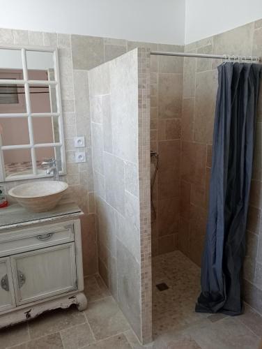 une salle de bain avec douche et lavabo dans l'établissement Appartement T2 en campagne, à Sarrians