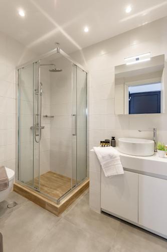 a bathroom with a shower and a sink and a toilet at Casa al Mare in Nea Roda