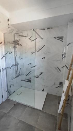a shower in a room with a glass wall at Li-miana Alojamento Local in Ponte de Lima