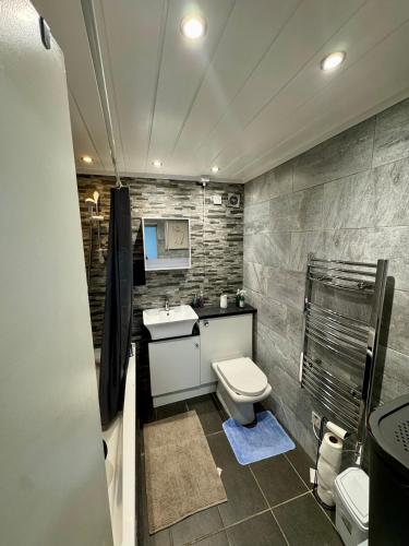 a bathroom with a toilet and a sink and a tub at Superb Homestay in Cowlairs