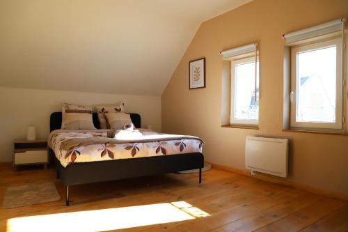 une chambre avec un lit et deux fenêtres dans l'établissement Cocon lumineux 2Pers wificentre, à Saint-Quentin