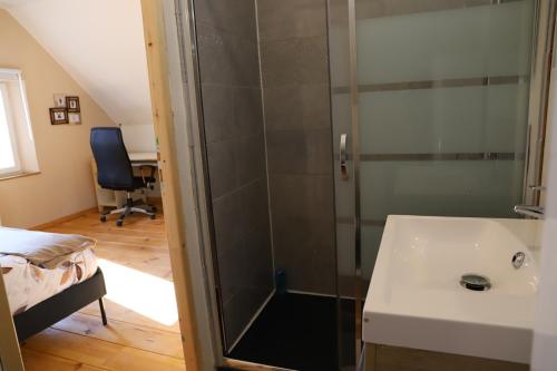 une salle de bain avec douche et lavabo dans l'établissement Cocon lumineux 2Pers wificentre, à Saint-Quentin