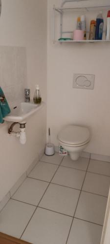une salle de bain blanche avec des toilettes et un lavabo dans l'établissement Location pour 4 personnes au coeur du Golfe du Morbihan, à Baden
