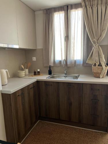 a kitchen with a sink and a window at Agali Studios in Mytilene