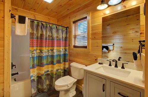 a bathroom with a toilet and a sink at Pebblestone Lodge in Pigeon Forge