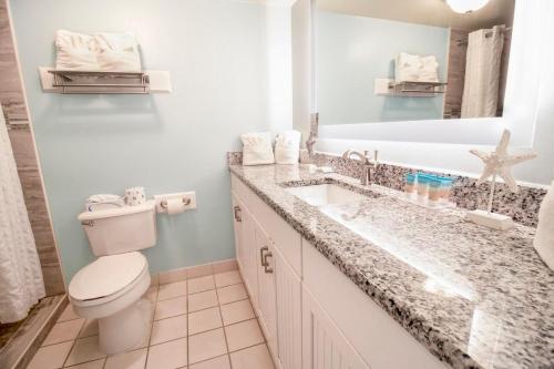 un bagno con un water, un lavandino e uno specchio di Beaches and Dreams 4th Flr Oceanfront Room a Pawleys Island