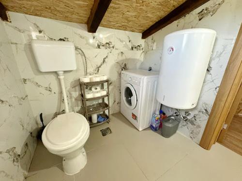 a bathroom with a toilet and a washing machine at Luxurious attic apartment with a breathtaking view in Vranjina