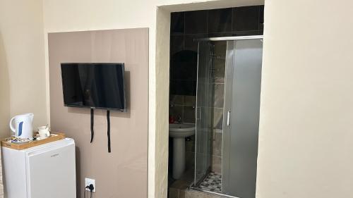 a bathroom with a shower and a tv on a wall at The86thGuest Krugersdorp in Krugersdorp
