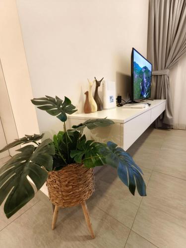 a plant in a room with a desk with a computer at Sunsuria Luxury Muji 3BR suit for 6-8px in Shah Alam