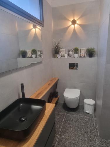 bagno con lavandino nero e servizi igienici di LARA - Herzliya Urban villa a Herzelia