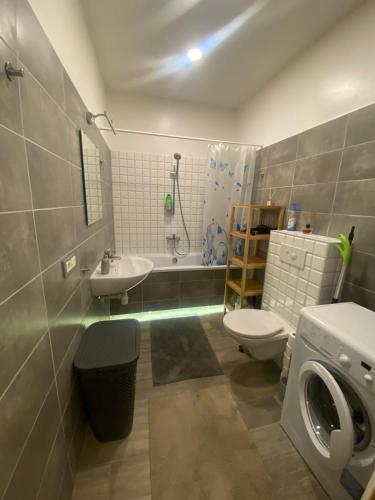 une salle de bain avec un lavabo, des toilettes et une douche dans l'établissement Vilnius Central Living – Jakšto place, à Vilnius