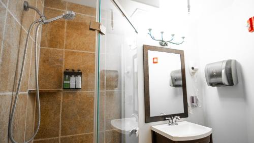 a bathroom with a shower and a sink and a mirror at Park City Hostel in Park City