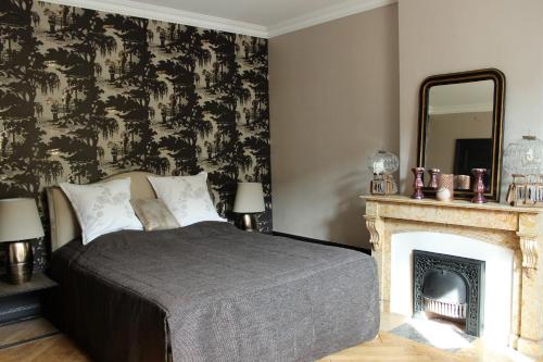 a bedroom with a bed with a fireplace and a mirror at De la Chambre au Jardin in Belleville-en-Beaujolais