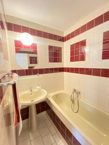 a bathroom with a tub and a sink and a bath tub at Vila Lenka in Pěnčín