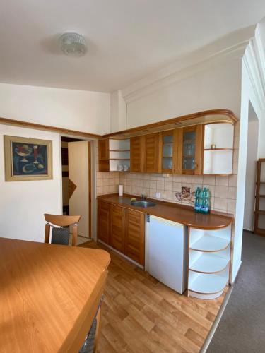 a kitchen with wooden cabinets and a wooden table at Vila Lenka in Pěnčín
