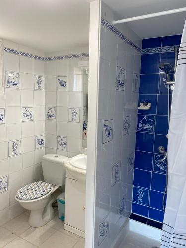La salle de bains bleue et blanche est pourvue de toilettes et d'une douche. dans l'établissement Appartement Hortensia, à Bagnoles-de-l'Orne