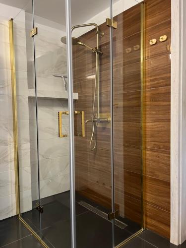a shower with a glass door in a bathroom at POKOJE & NOCLEGI de'Górska in Poznań